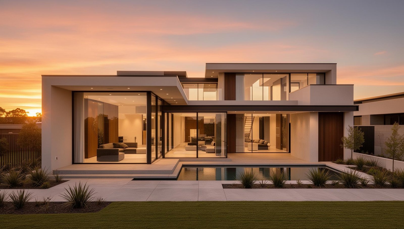 Luxury contemporary home with a glass facade and lit pool at twilight